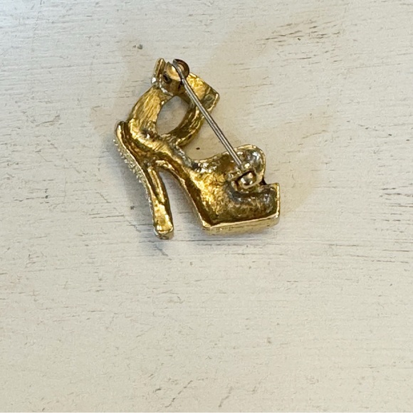 Vintage Platform Heel Shoe Black Enamel Clear Rhinestone Gold Tone Brooch - Picture 5 of 8